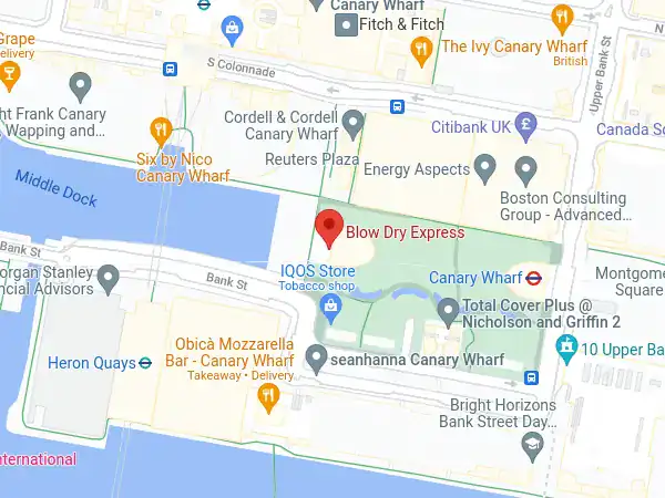 Map showing the Canary Wharf salon location